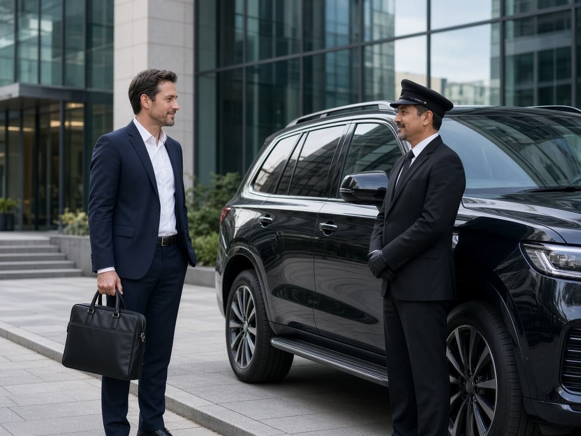 Executive being met by a chauffeur outside an office